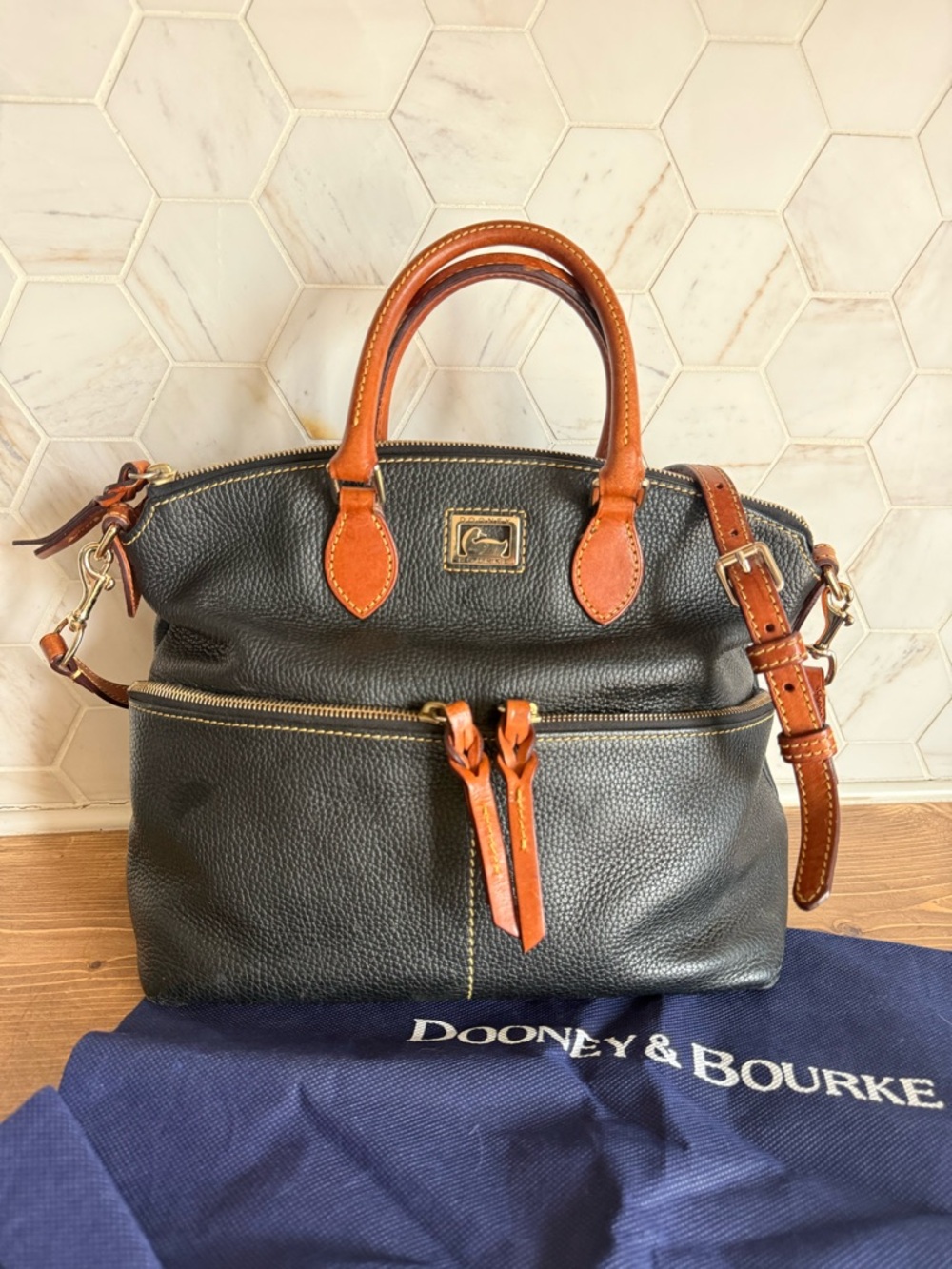 Dooney & Bourke Black Leather Satchel with Brown Handles